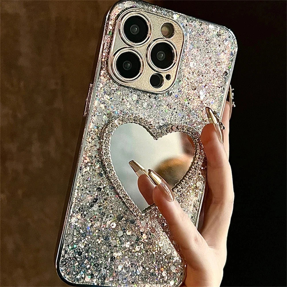 Luxury Bling Glitter Plating 3D Love Heart Mirror Sequins Phone Case